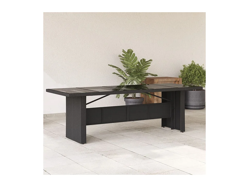 Table de jardin dessus en verre noir 240x90x75cm résine tressée