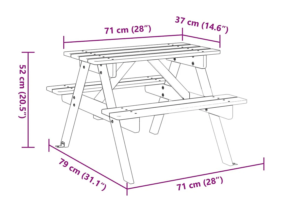 Mesa de picnic para 4 niños agujero para sombrilla madera abeto