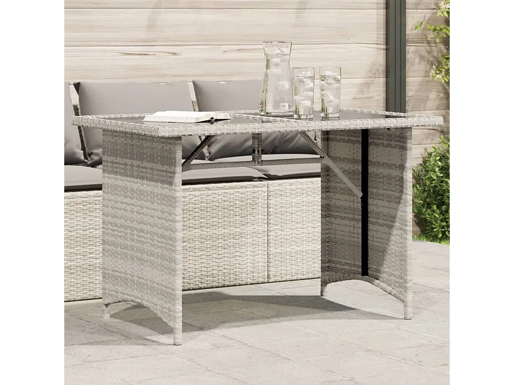 Tuintafel met glazen blad 110x68x70 cm poly rattan lichtgrijs