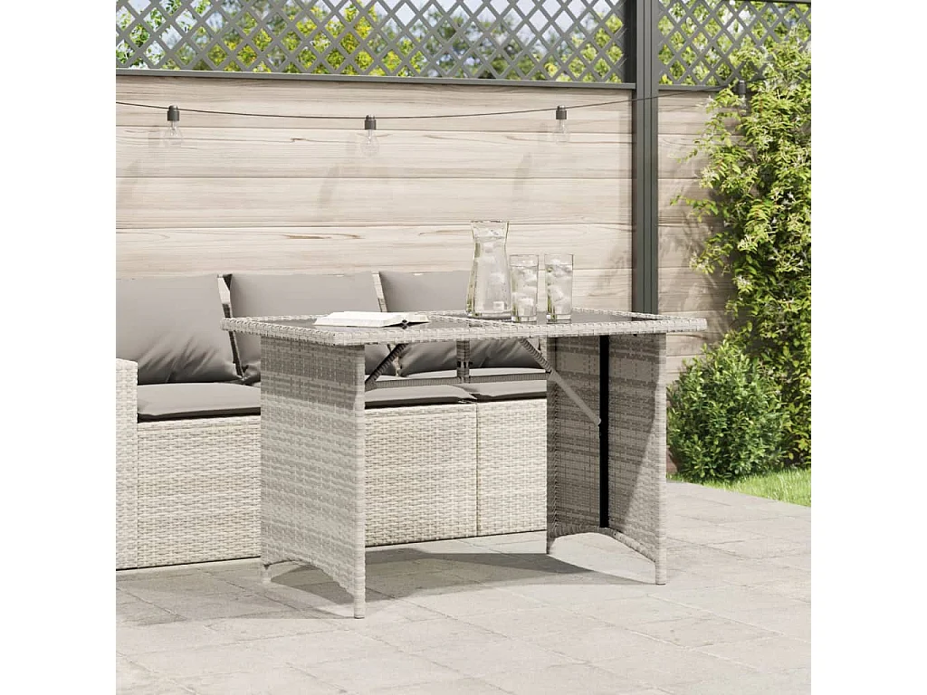 Tuintafel met glazen blad 110x68x70 cm poly rattan lichtgrijs
