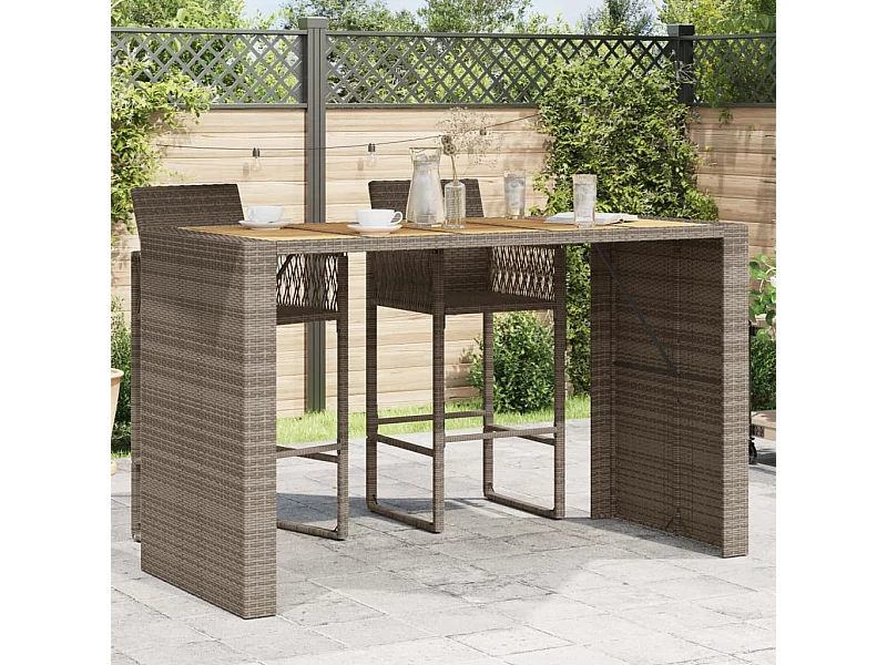 Mesa de jardim com tampo em acácia 185x80x110 cm vime PE cinza