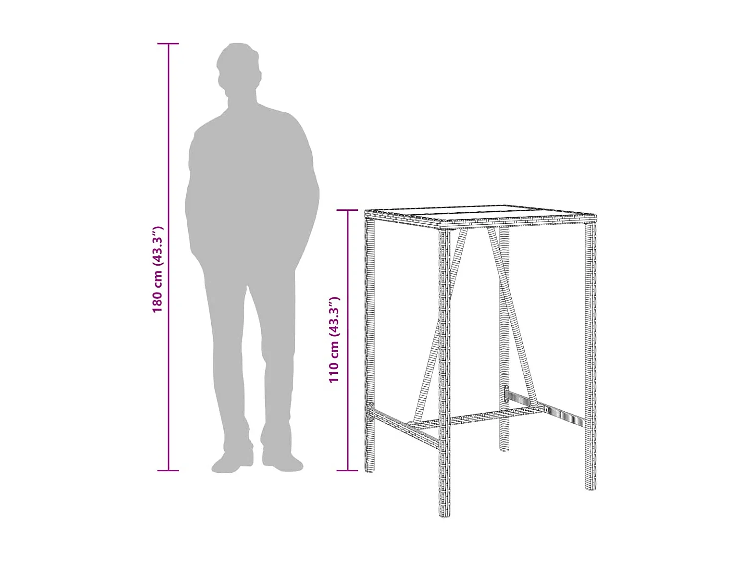 Table de bar d’extérieur gris 70x70x110 cm poly rotin