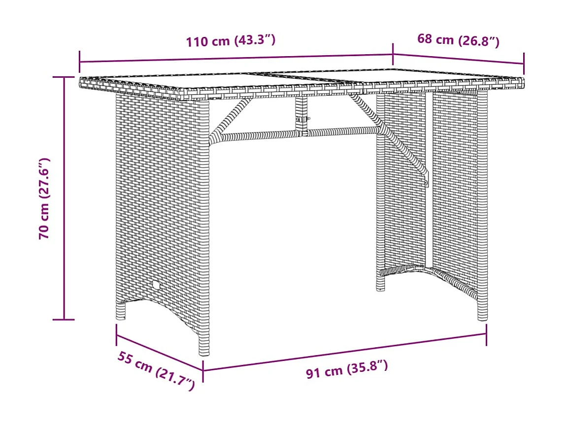 Table de jardin avec dessus en verre marron 110x68x70 cm rotin