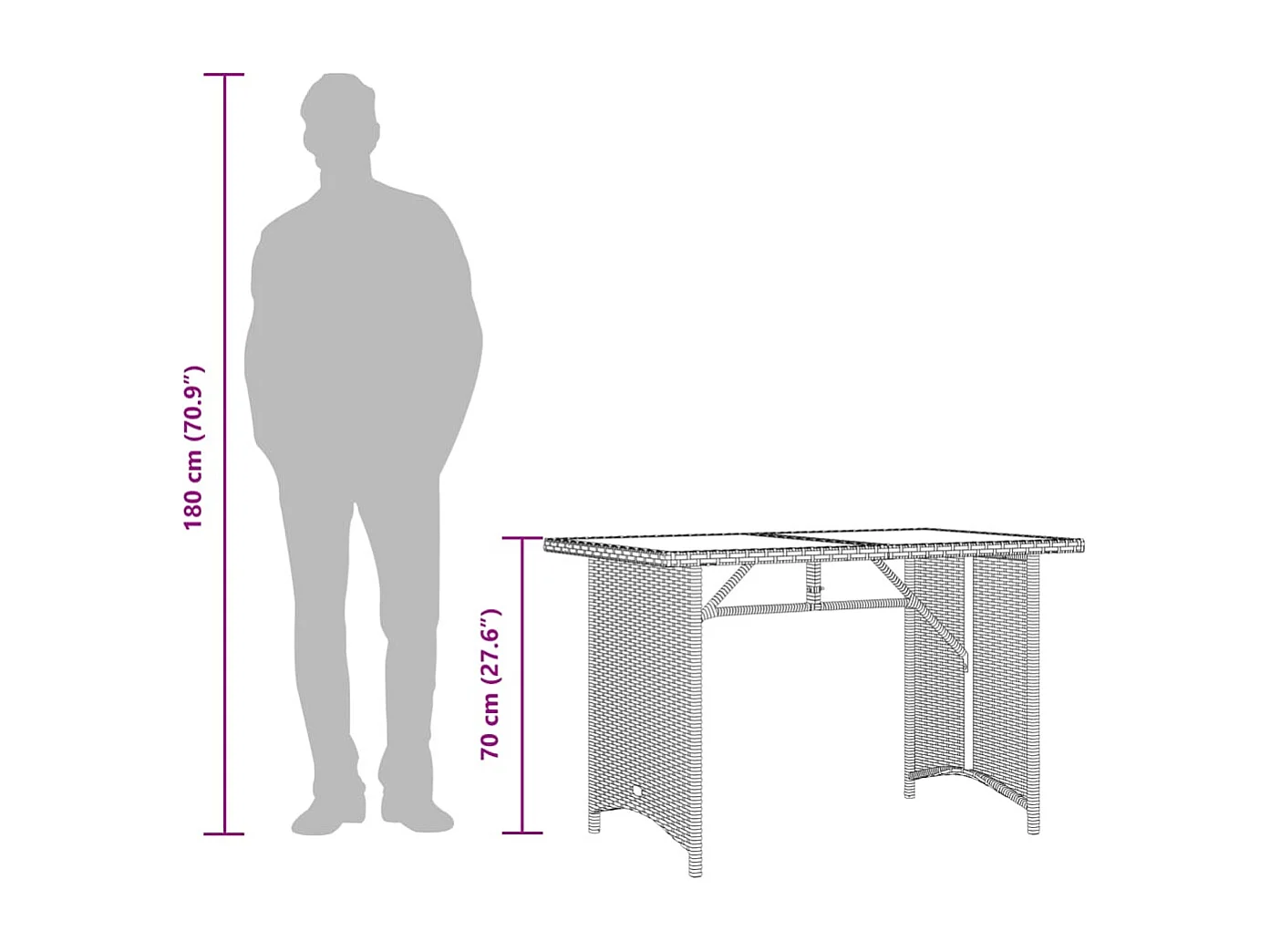 Table de jardin avec dessus en verre gris 110x68x70 cm rotin
