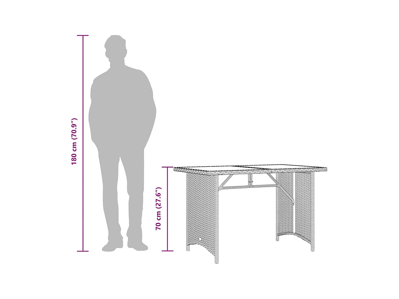 Table de jardin avec dessus en verre gris 110x68x70 cm rotin