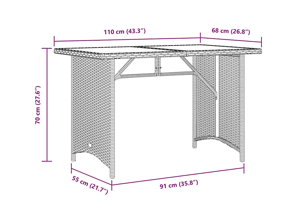 Table de jardin avec dessus en verre gris 110x68x70 cm rotin
