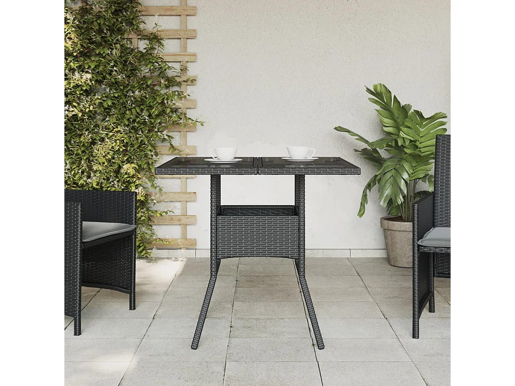Table de jardin dessus en verre noir 80x80x75 cm résine tressée