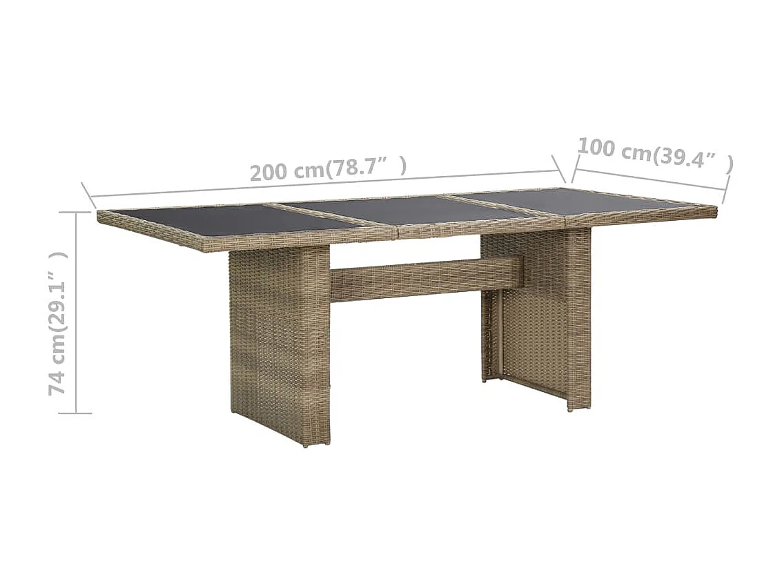 Tuintafel 200x100x74 cm glas en poly rattan bruin