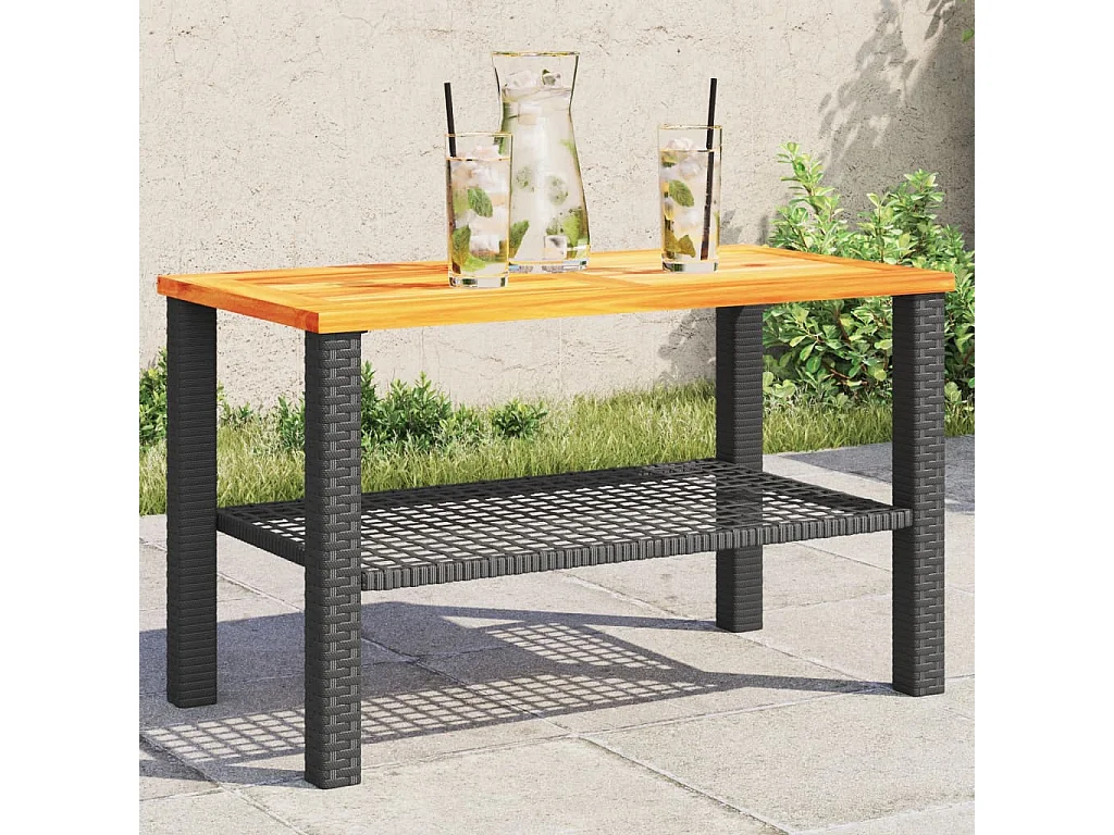 Mesa de jardín ratán sintético madera acacia negro 70x38x42 cm