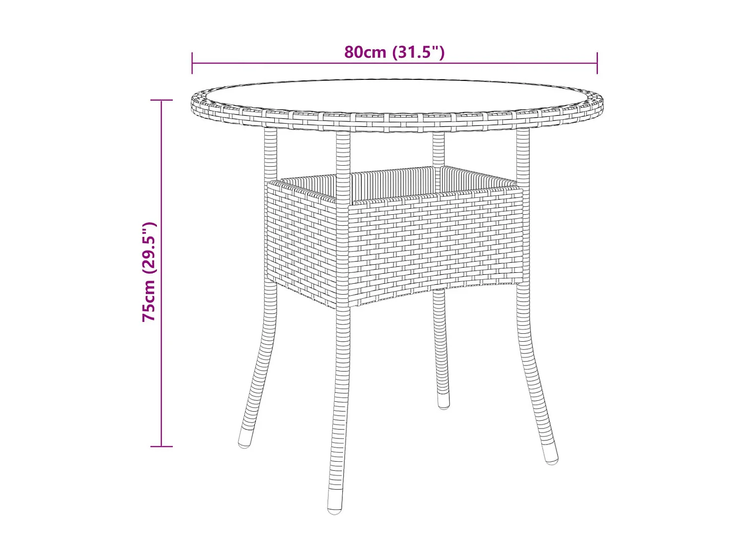 Table de jardin Ø80x75 cm Verre trempé/résine tressée Gris