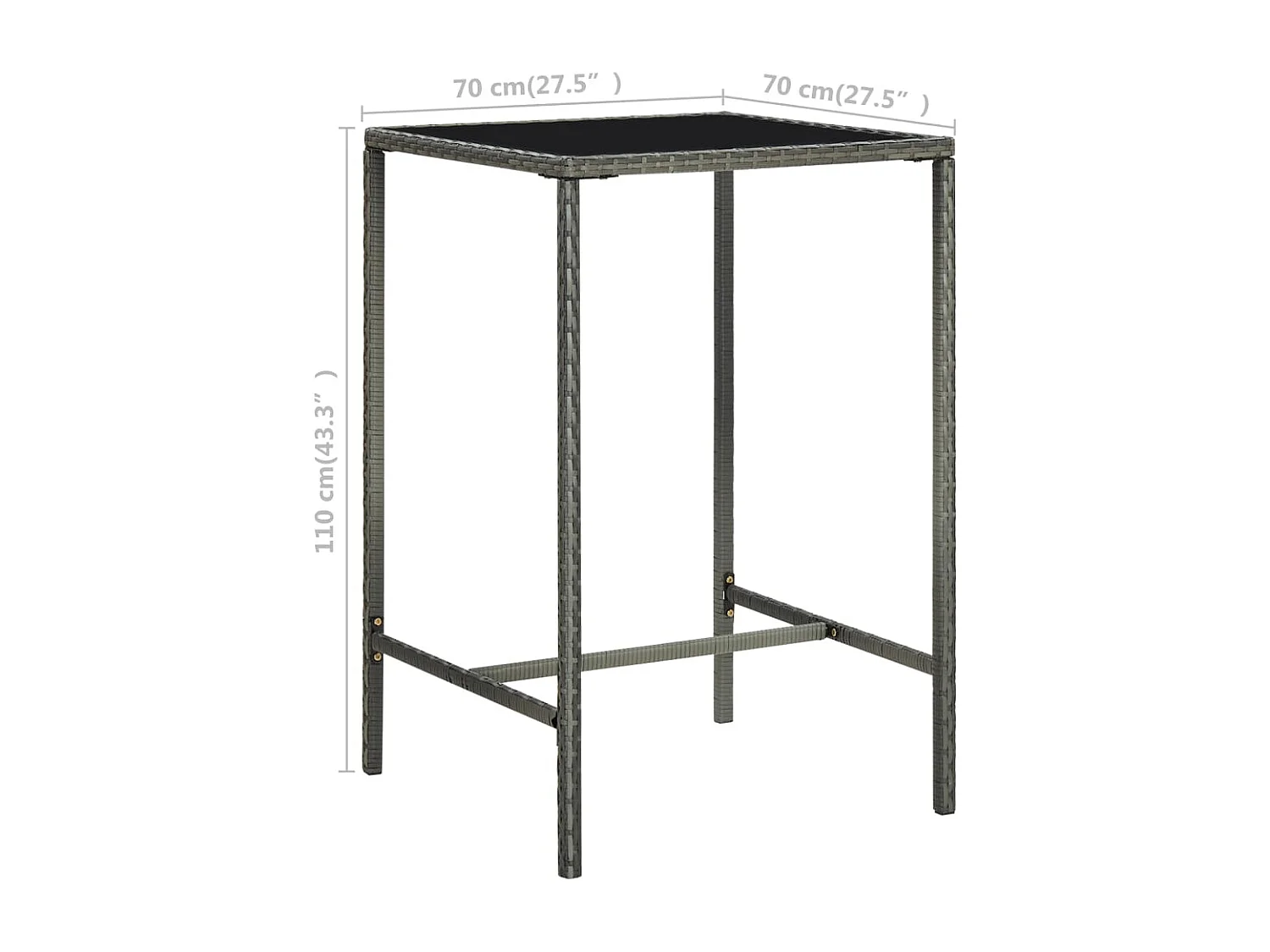 Mesa de bar para jardim 70x70x110 cm vidro e vime PE cinzento