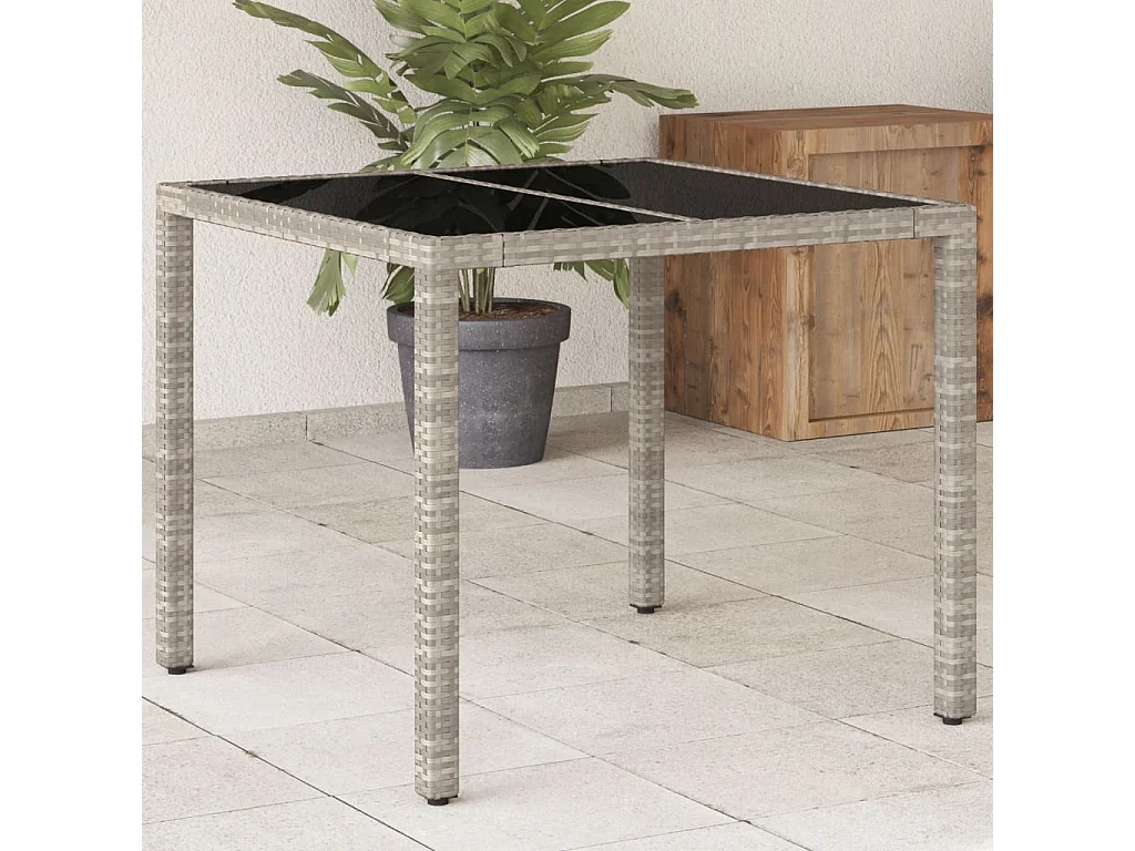 Table de jardin avec dessus en verre gris clair résine tressée