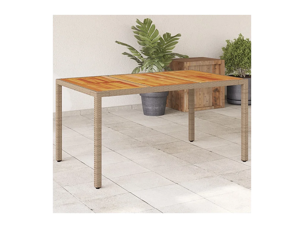 Table de jardin beige 150x90x75 cm résine tressée bois d'acacia