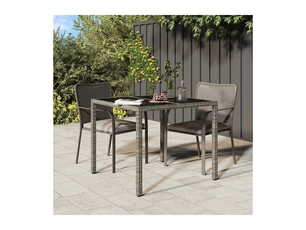 Table de jardin 90x90x75 cm Verre trempé et résine tressée Gris