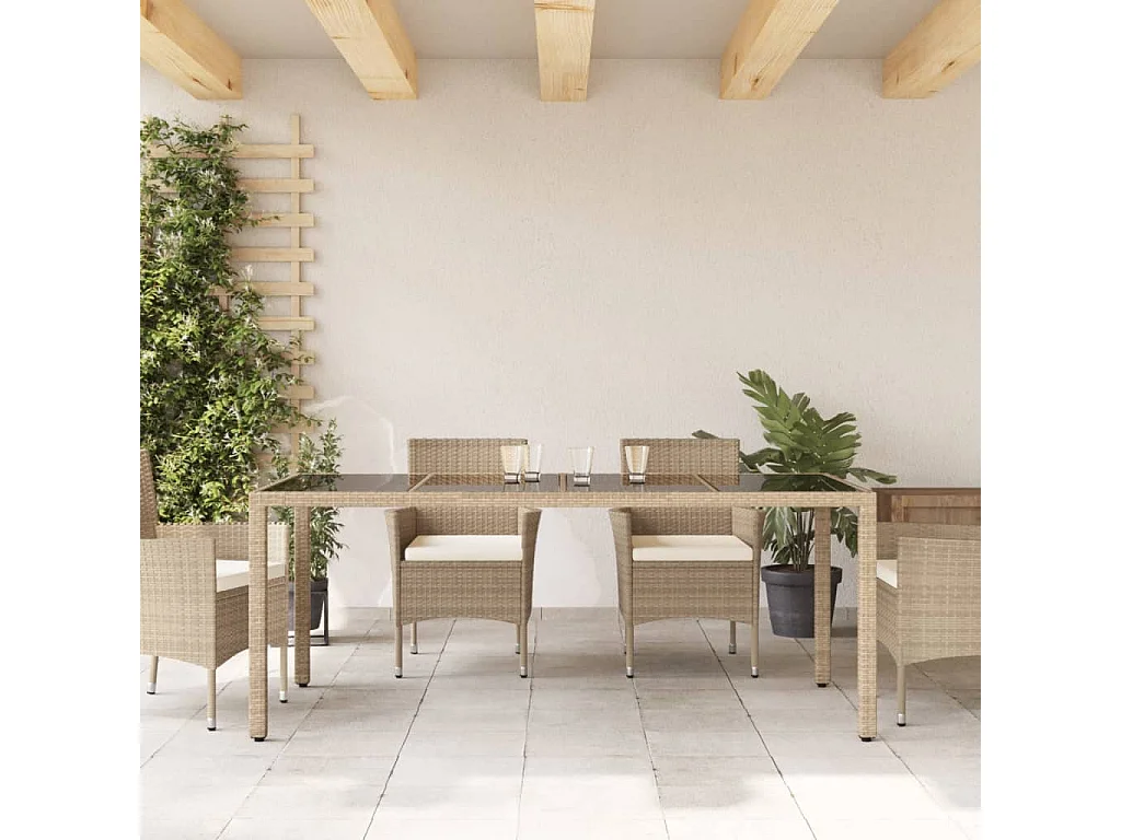 Table de jardin avec dessus en verre beige résine tressée