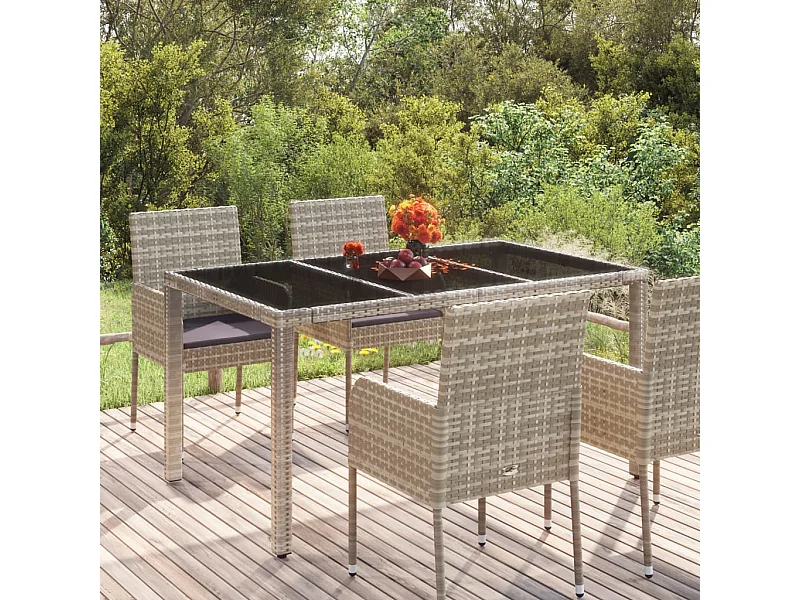 Tuintafel met glazen blad 150x90x75 cm poly rattan grijs