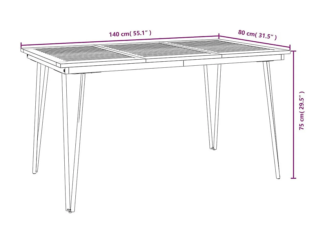 Table de jardin avec pieds épingle à cheveux 140x80x75cm acacia