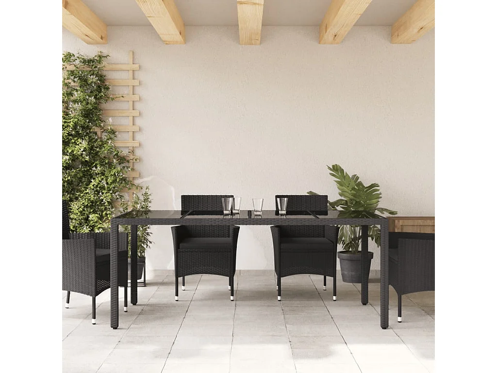 Table de jardin dessus en verre Noir 190x90x75cm Résine tressée