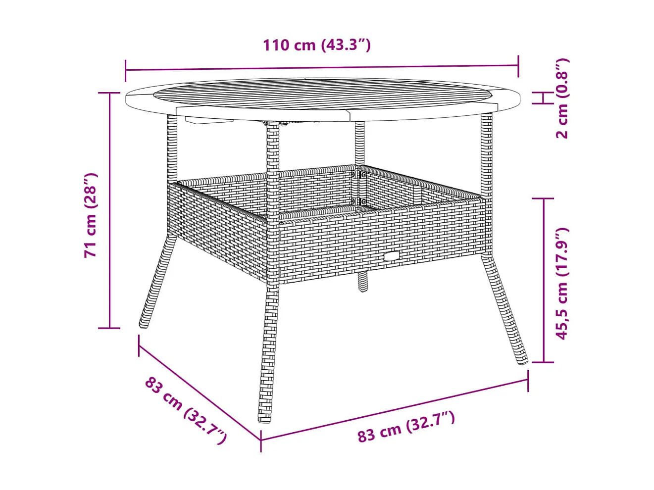 Mesa de jardim com tampo de acácia Ø110x71 cm vime PE preto