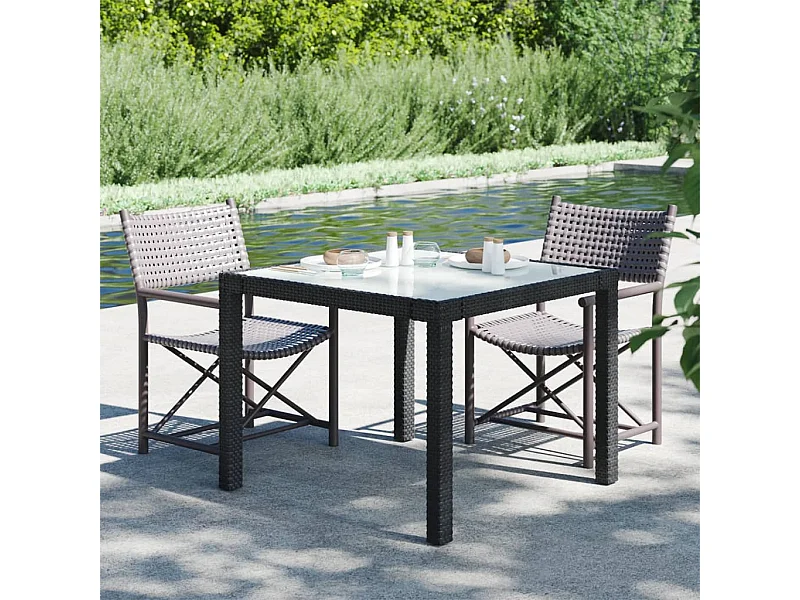 Tuintafel 90x90x75 cm gehard glas en poly rattan zwart