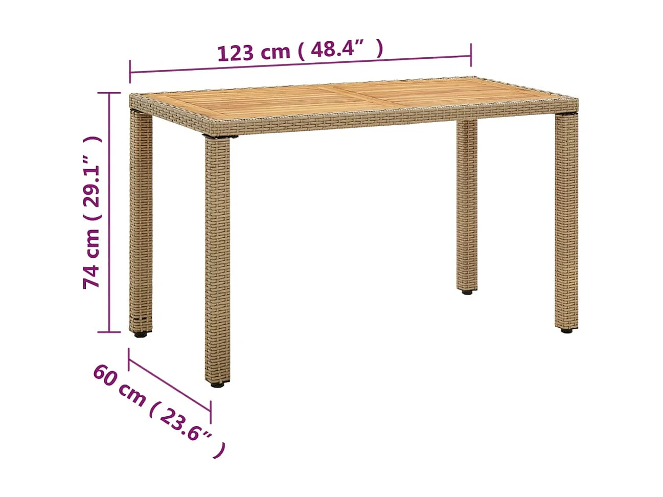 Table de jardin Beige 123x60x74 cm Résine tressée bois massif