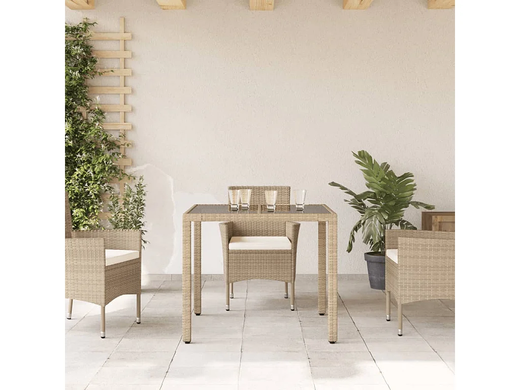 Mesa de jardim com tampo de vidro 90x90x75 cm vime PE bege