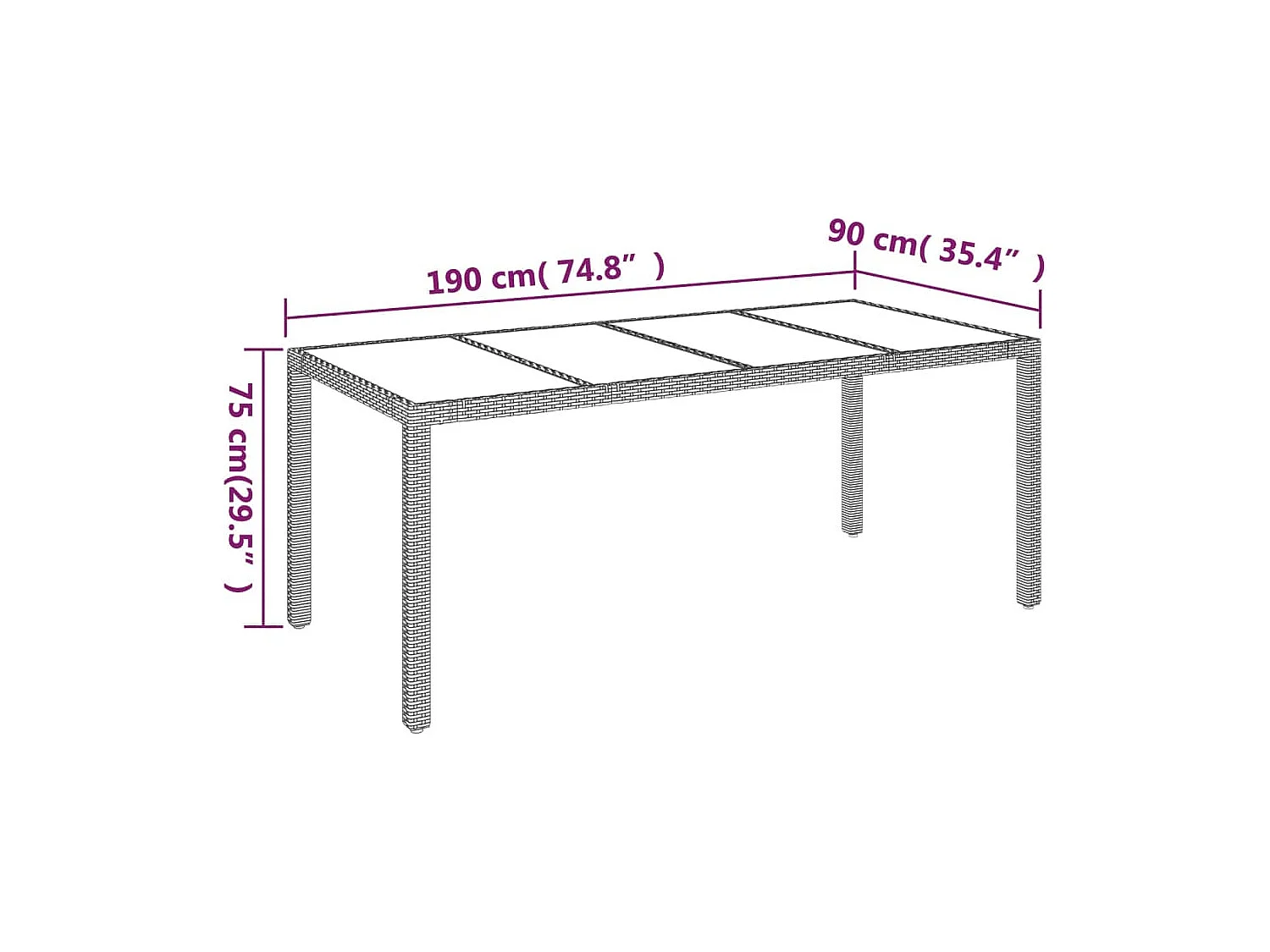 Table de jardin dessus en verre Gris 190x90x75cm Résine tressée