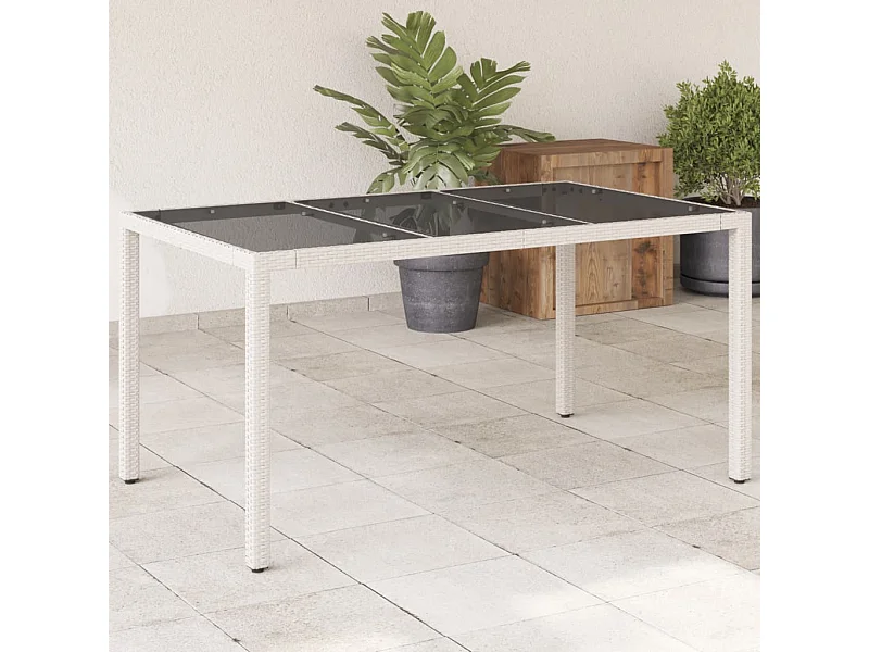 Mesa de jardín superficie de vidrio ratán PE blanco 150x90x75cm