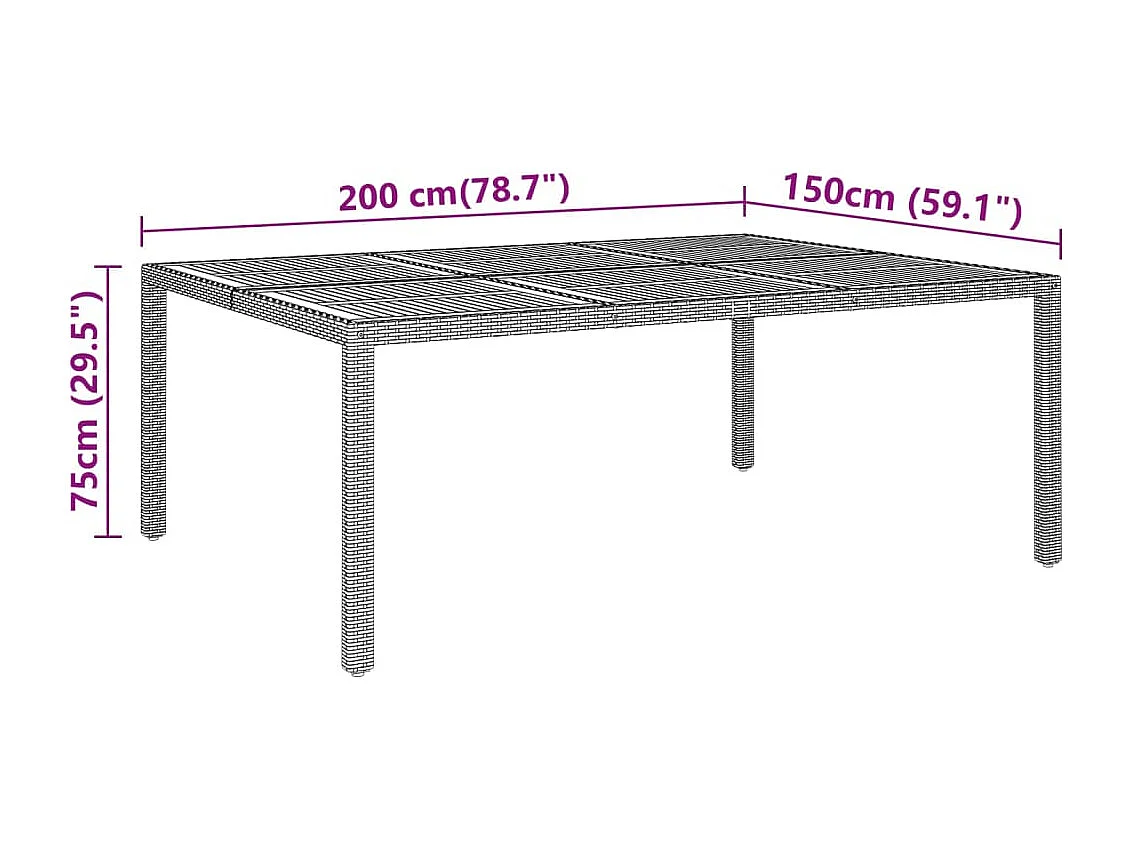 Mesa jardim 200x150x75 cm madeira de acácia e vime PE cinzento