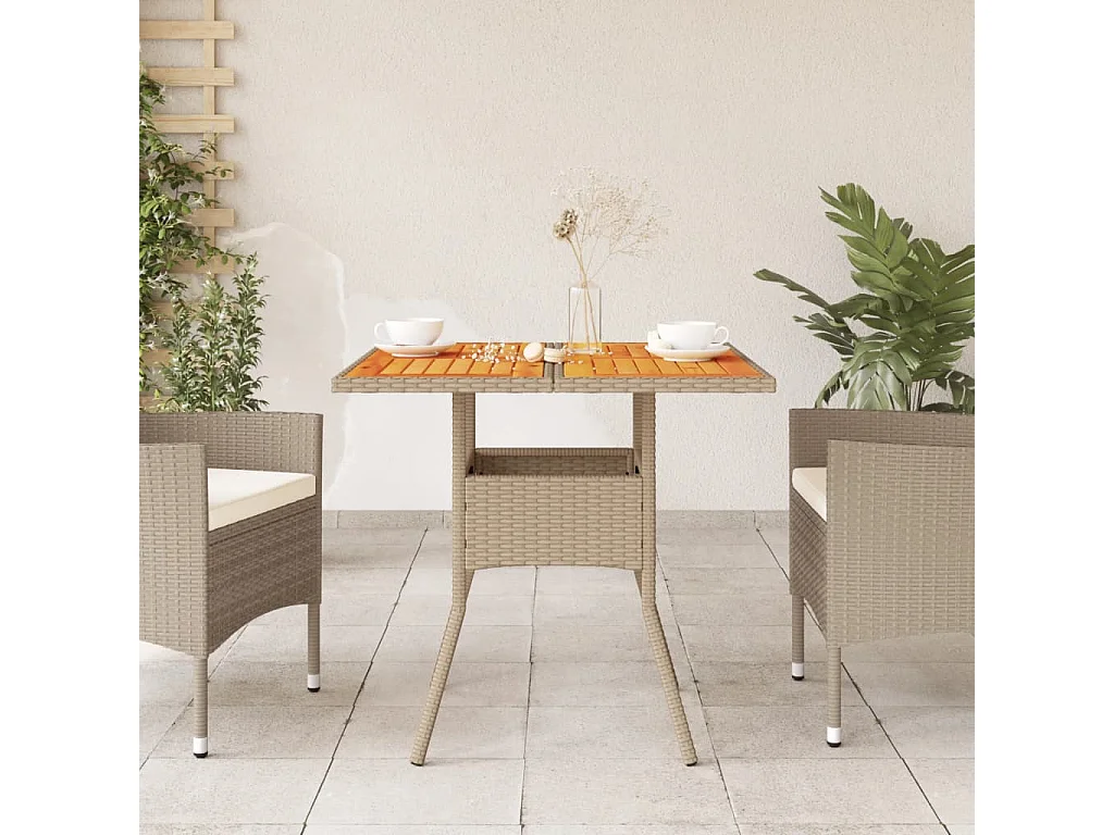 Table de jardin beige 80x80x75 cm résine tressée et bois acacia
