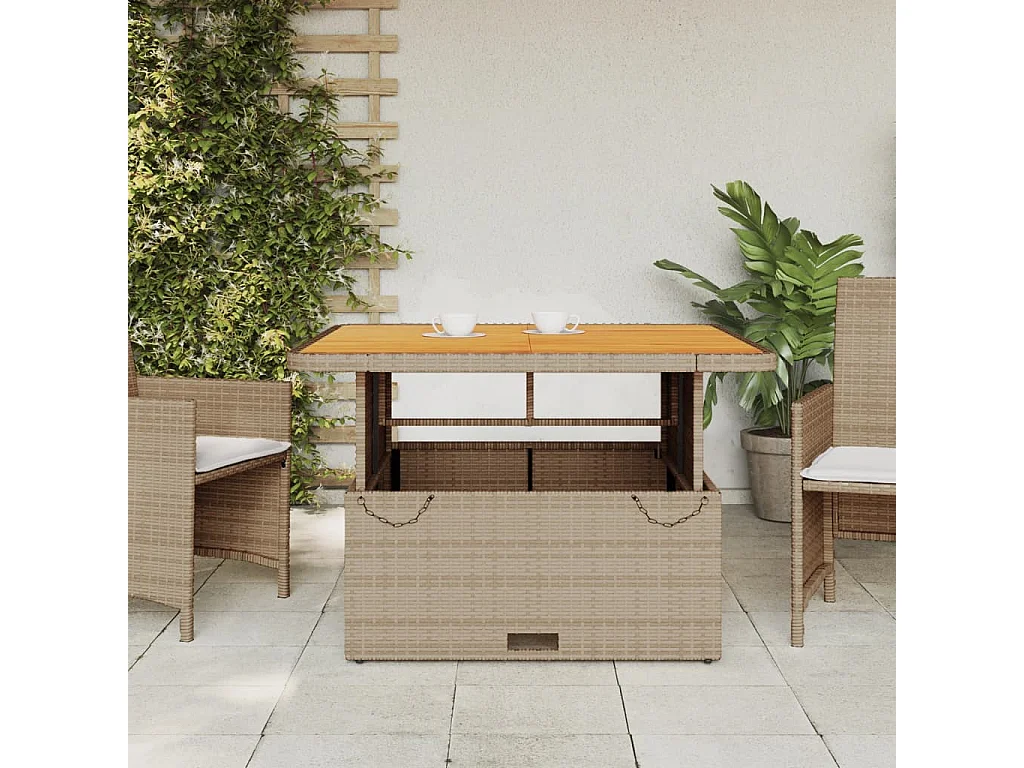Table de jardin beige 110x110x71 cm résine tressée bois acacia