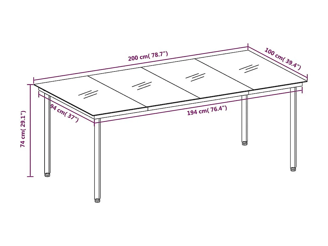 Mesa de jantar para jardim 200x100x74 cm aço e vidro preto