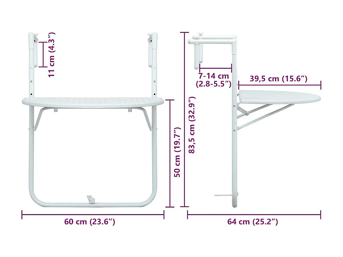 Table de balcon Blanc 60x64x83,5 cm Plastique Aspect de rotin