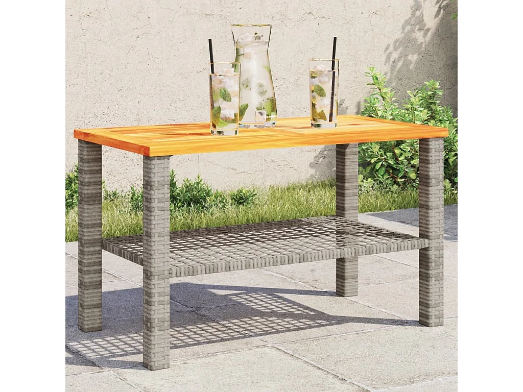Table de jardin gris 70x38x42 cm résine tressée et bois acacia