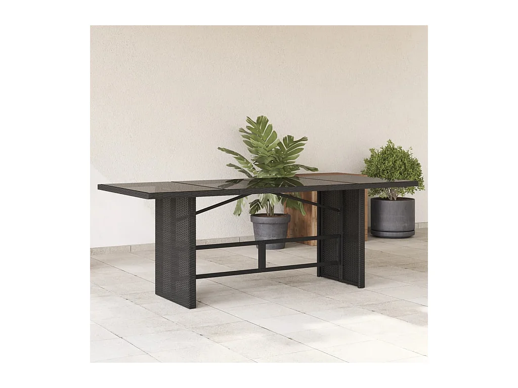 Mesa de jardín superficie de vidrio ratán PE negro 190x80x74 cm