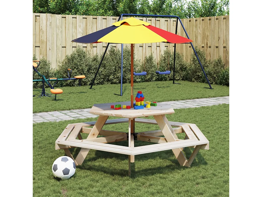 Table de pique-nique pour 6 enfants avec parasol hexagone sapin