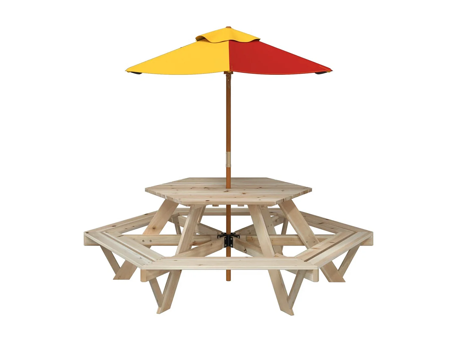 Table de pique-nique pour 6 enfants avec parasol hexagone sapin