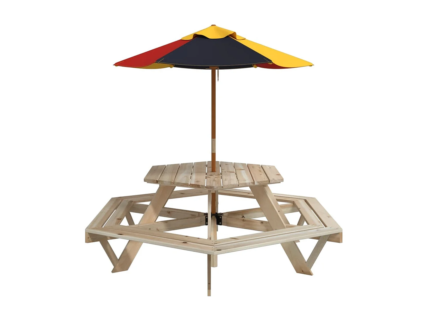 Table de pique-nique pour 6 enfants avec parasol hexagone sapin