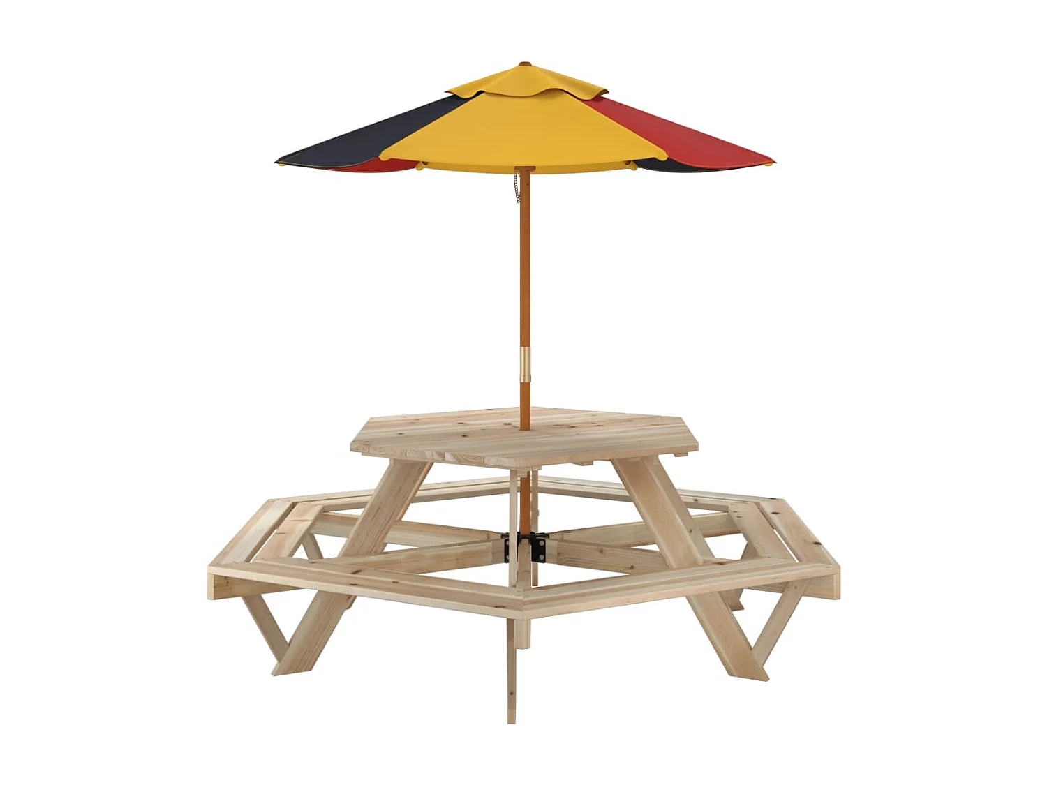 Table de pique-nique pour 6 enfants avec parasol hexagone sapin