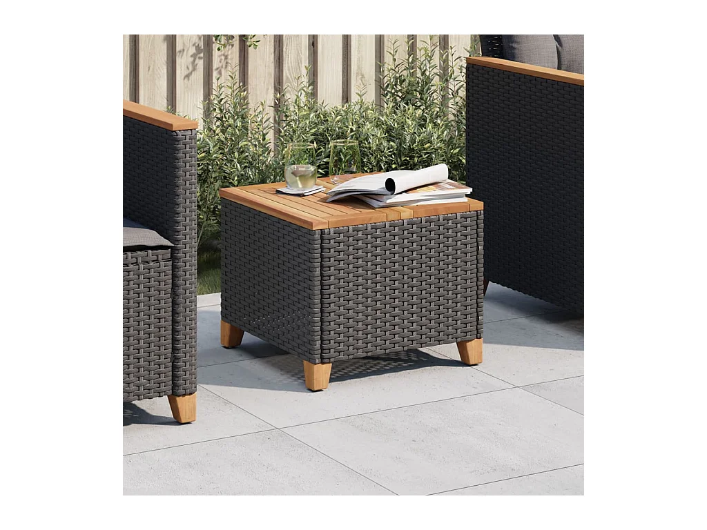 Table de jardin noir 45x45x37 cm résine tressée et bois acacia