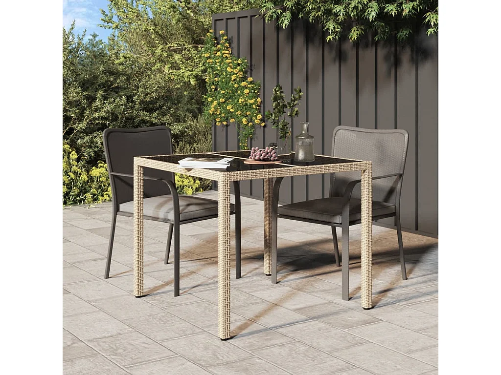 Table de jardin 90x90x75cm Verre trempé et résine tressée Beige