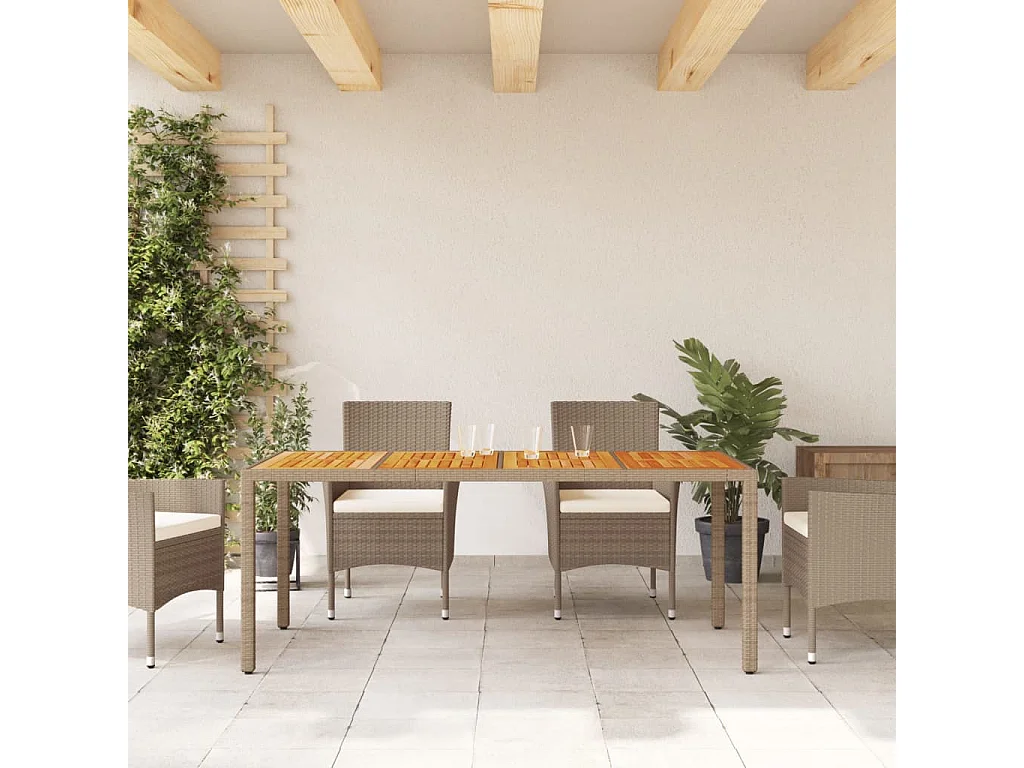 Table de jardin beige 190x90x75 cm résine tressée bois d'acacia