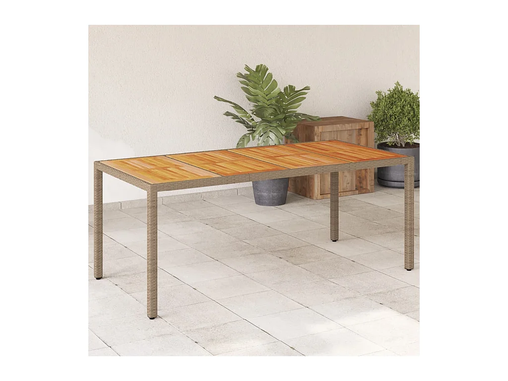 Table de jardin beige 190x90x75 cm résine tressée bois d'acacia