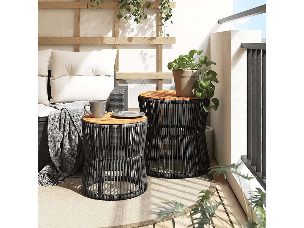 Mesas auxiliares jardín 2 piezas superficie de madera ratán negro