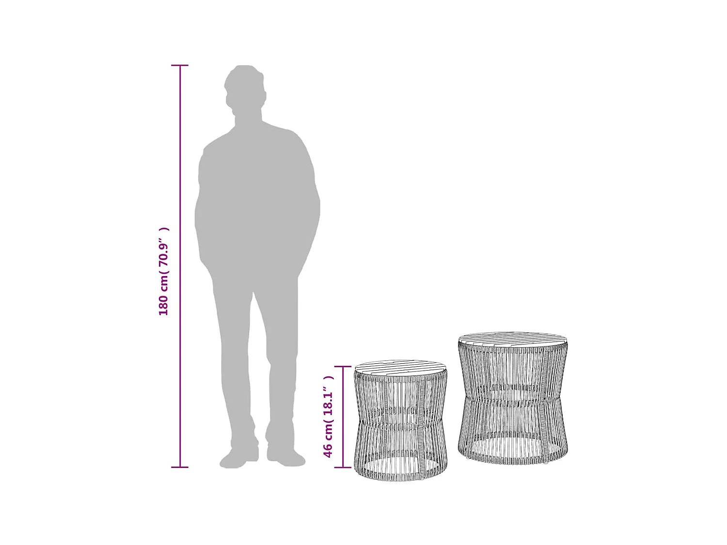 Tables d'appoint de jardin 2 pièces dessus en bois gris poly rotin