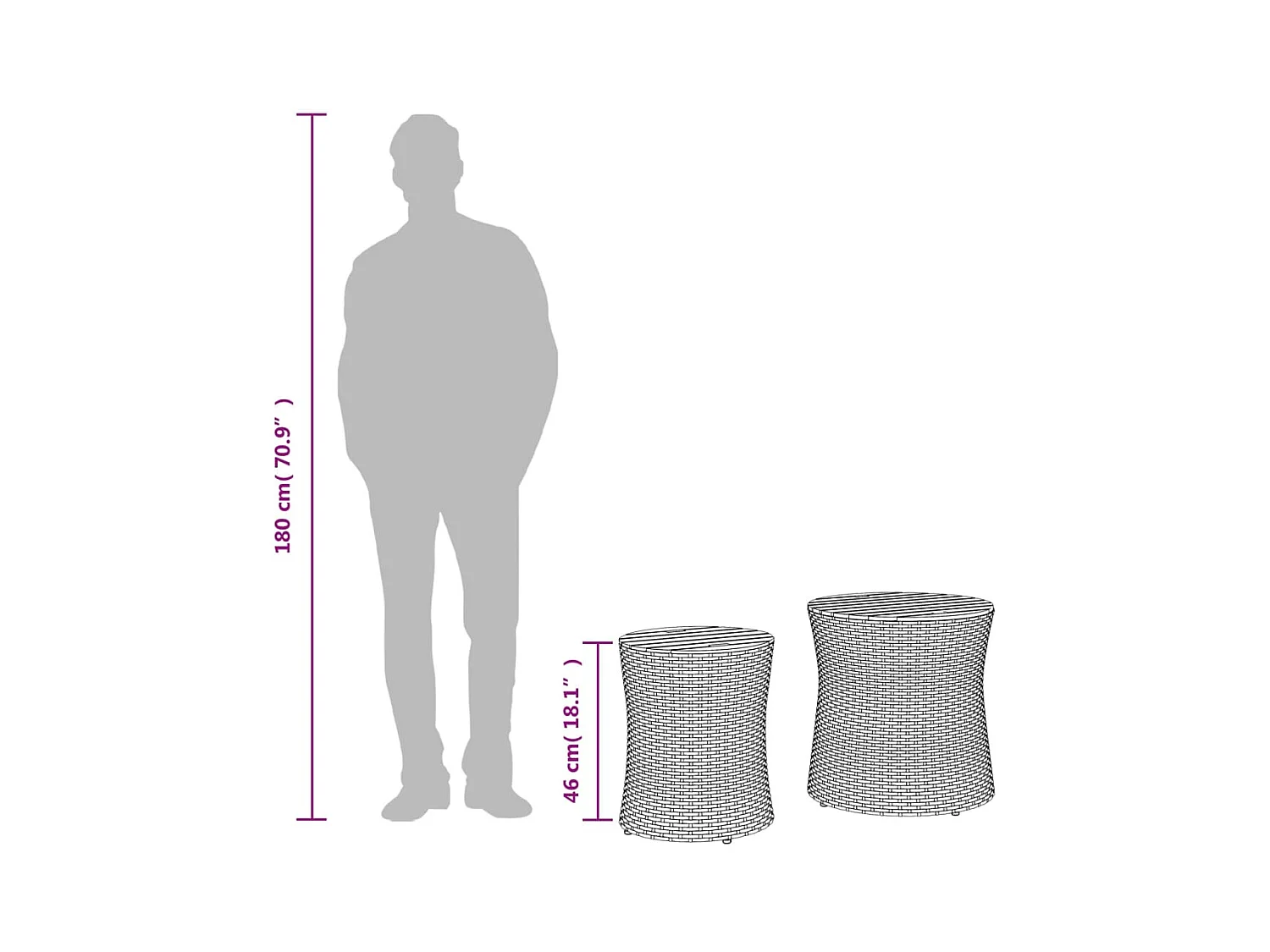 Tables d'appoint de jardin 2 pièces dessus en bois gris poly rotin