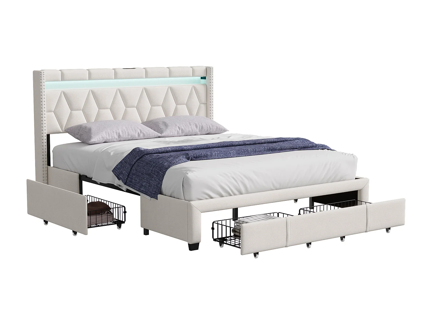 Cama de casal 140*200cm, 4 gavetas de ferro, com luz + função de carregamento USB, mesa de cabeceira em formato de diamante, roupa de cama, bege