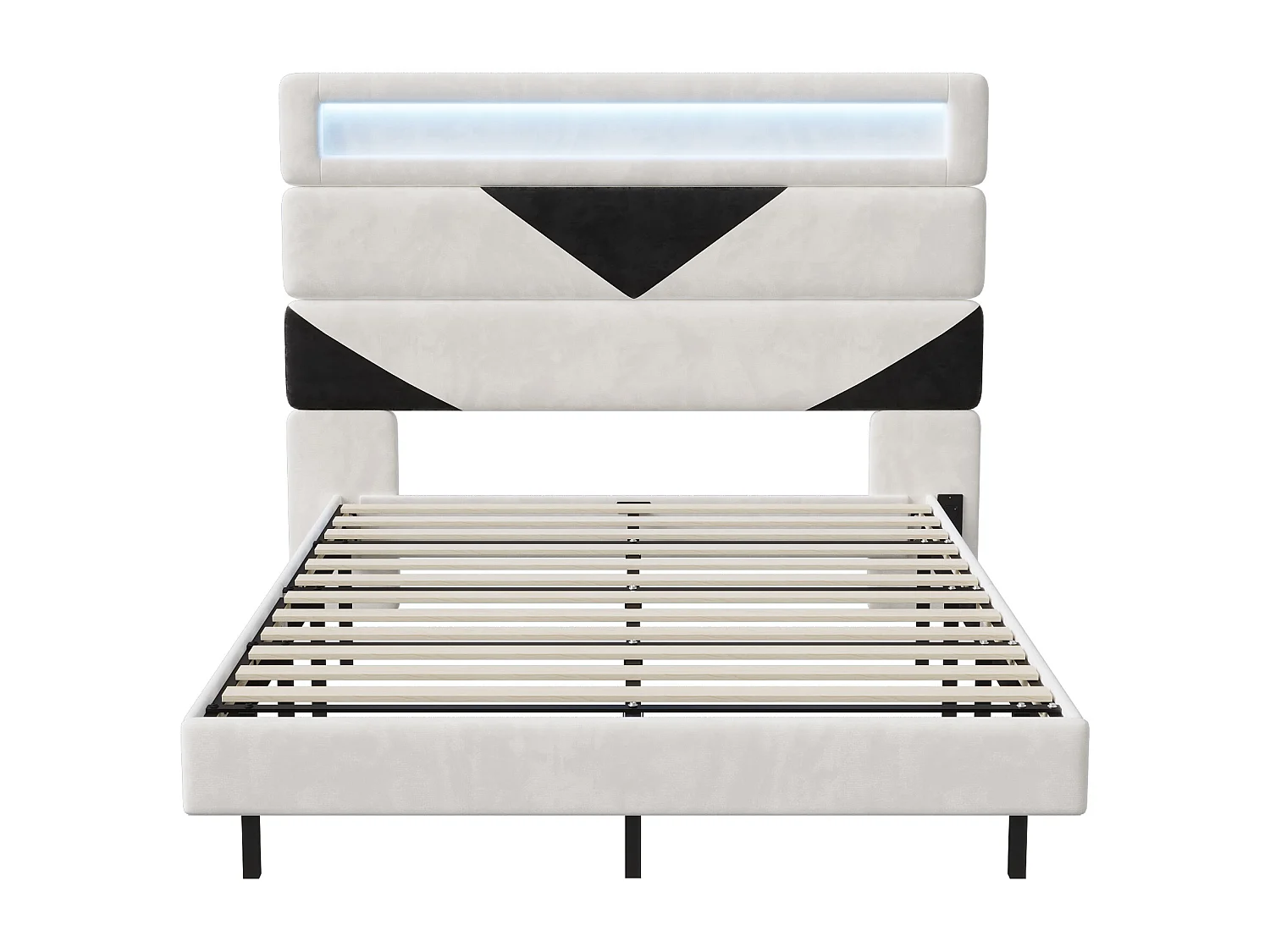 Tweepersoonsbed 160*200 cm, verstelbaar hoofdeinde + dubbele USB-oplaadpoort + lichtbalk, gebroken wit, fluweel