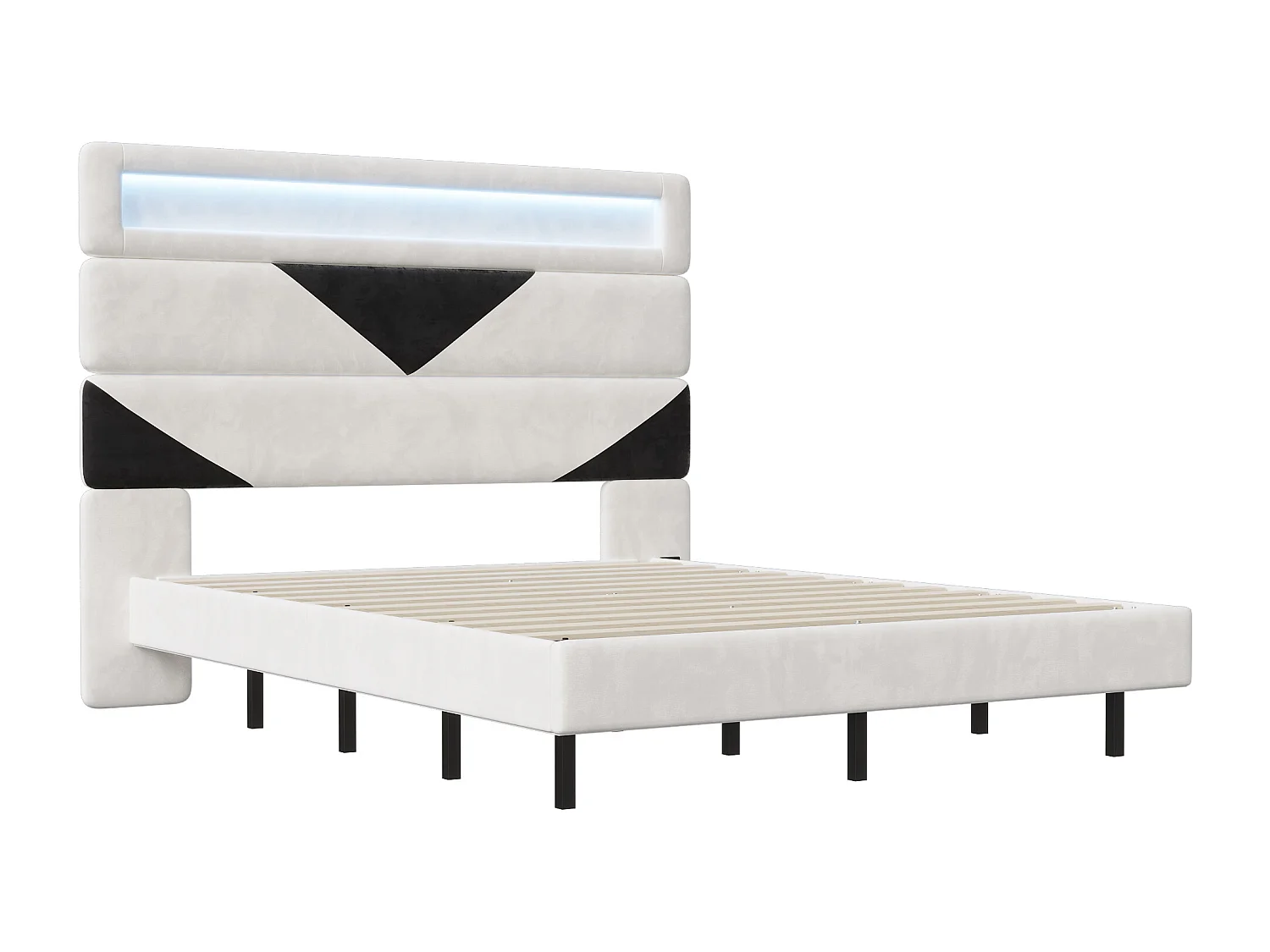 Tweepersoonsbed 160*200 cm, verstelbaar hoofdeinde + dubbele USB-oplaadpoort + lichtbalk, gebroken wit, fluweel