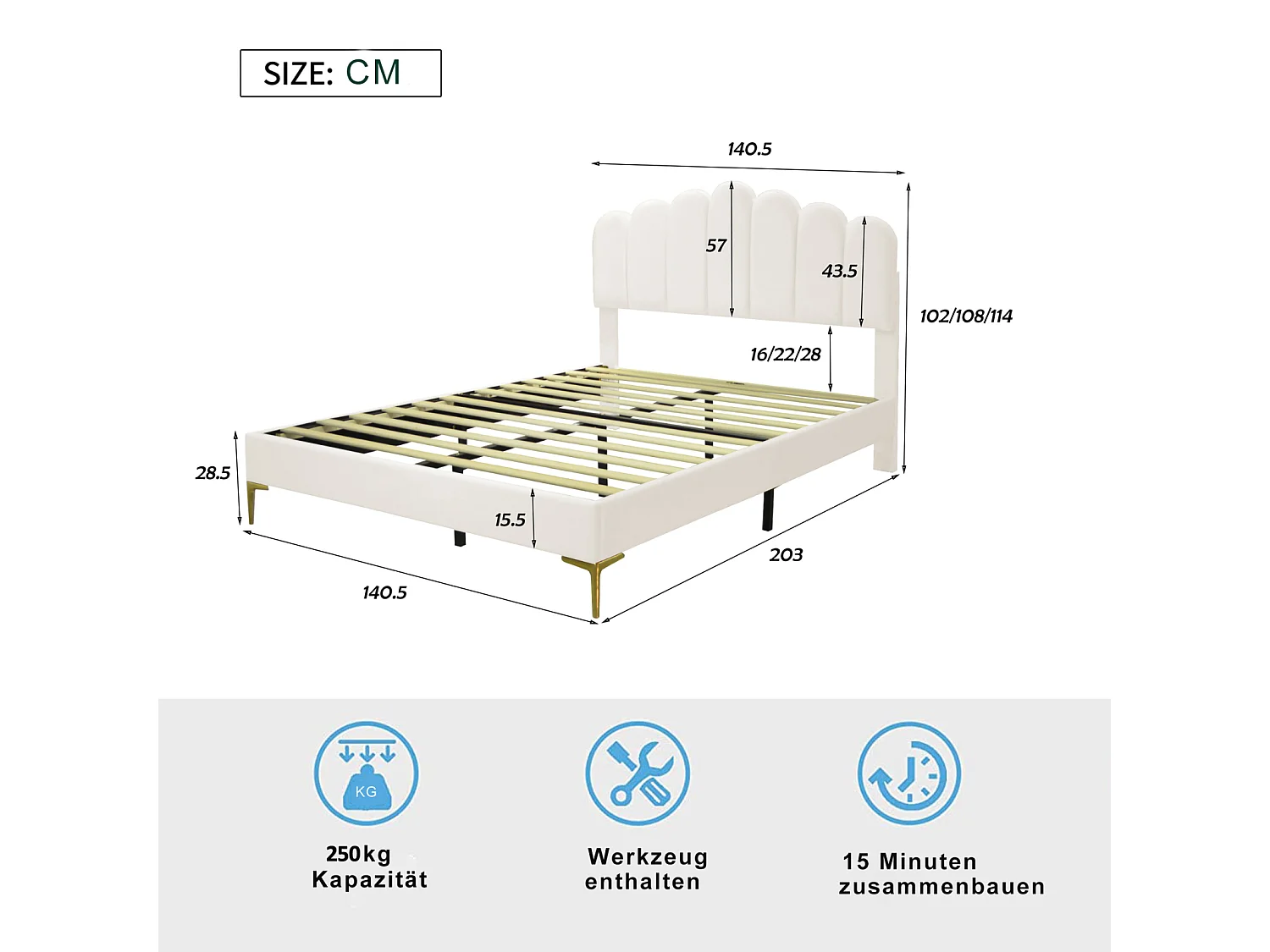 Lit double capitonné 140 x 200 cm, cadre de lit avec tête de lit et sommier à lattes, velours doux pour la peau,beige